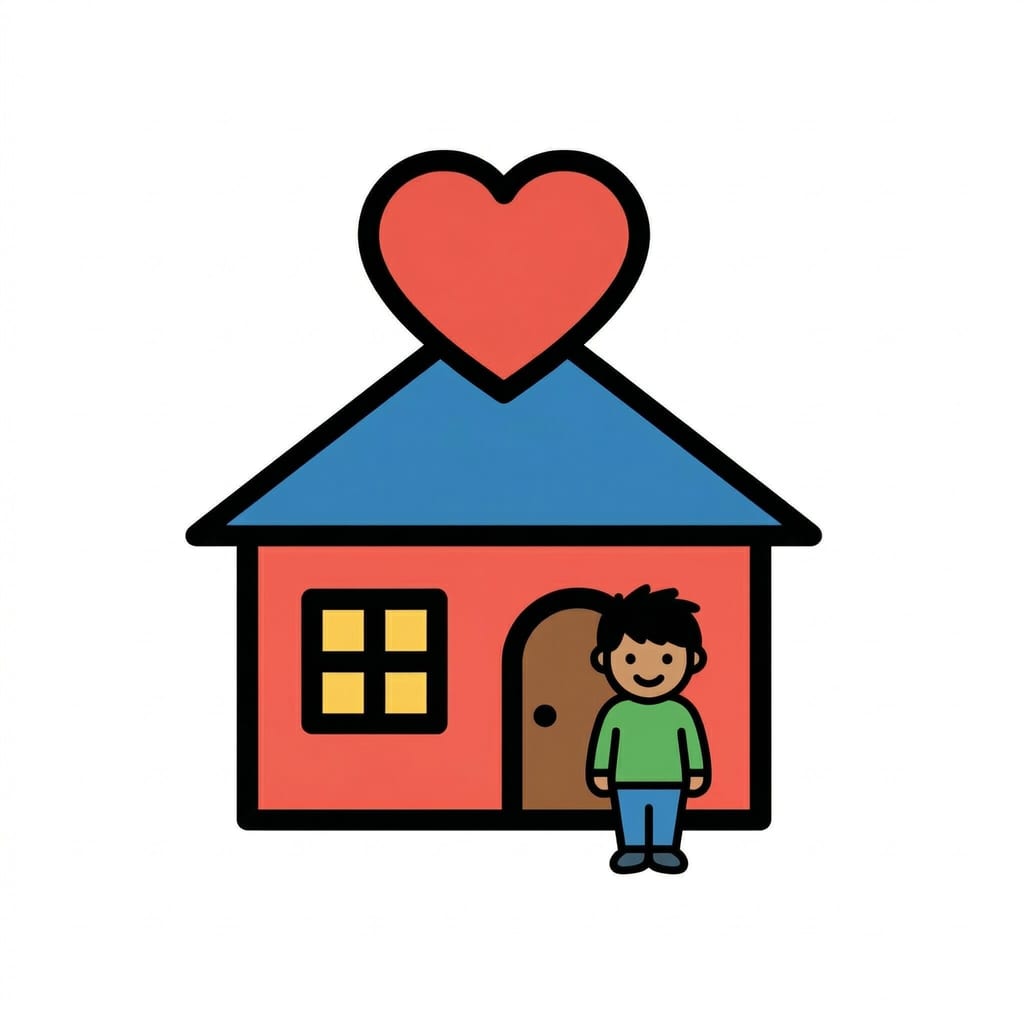 Een tekenjongen staat naast een rood huis met een blauw dak en een rood hart op het dak.