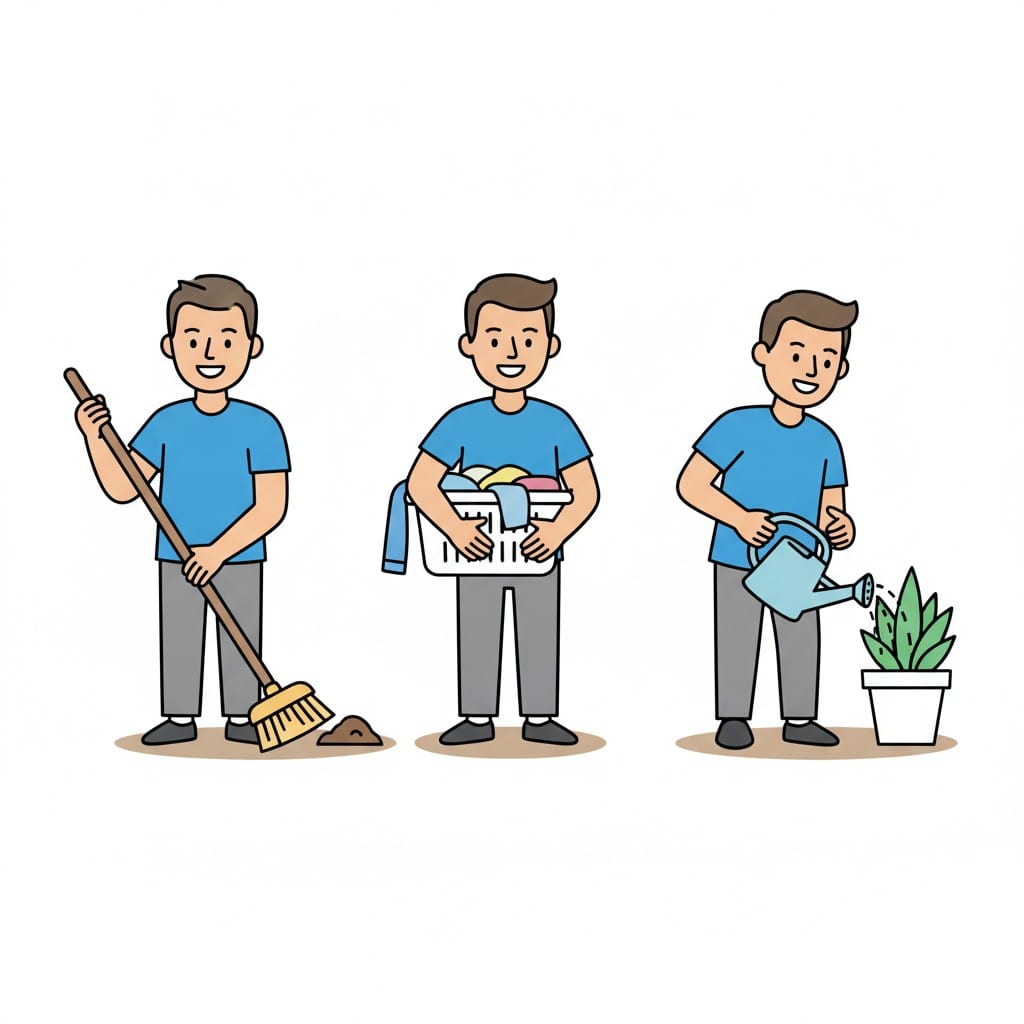 Een jongen veegt, draagt was en geeft een plant water.