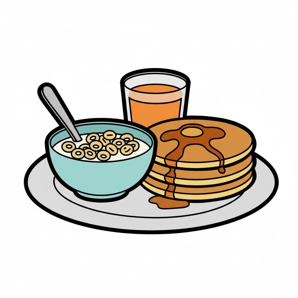 Een bord met een kom ontbijtgranen, een stapel pannenkoeken met siroop en een glas jus d'orange.