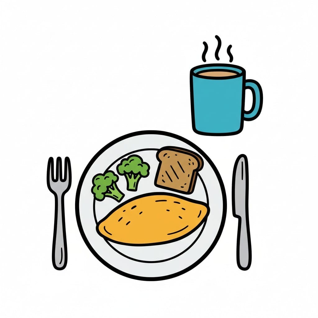 Een bord met een omelet, brood en broccoli, met een dampende mok en bestek ernaast.