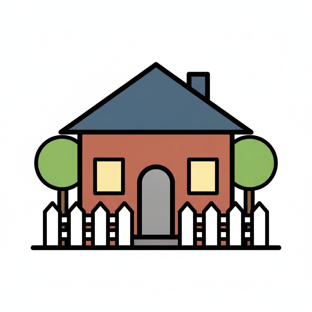 Een rood bakstenen huis met een wit hekje en twee bomen.