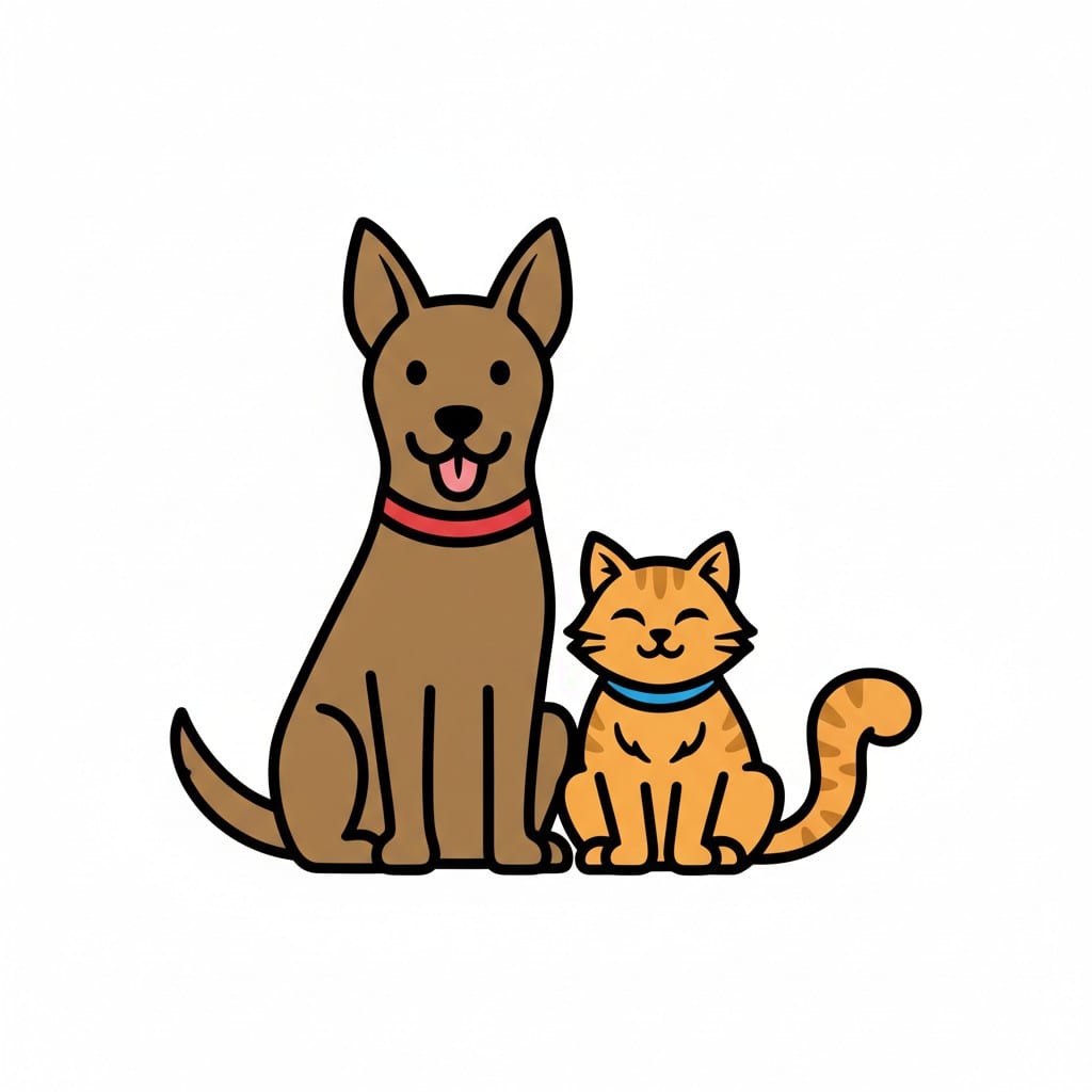A brown dog with a red collar sits beside an orange cat.