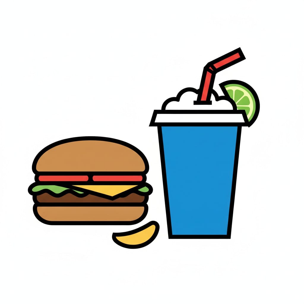 Een hamburger naast een groot drankje met een rietje en een partje limoen.