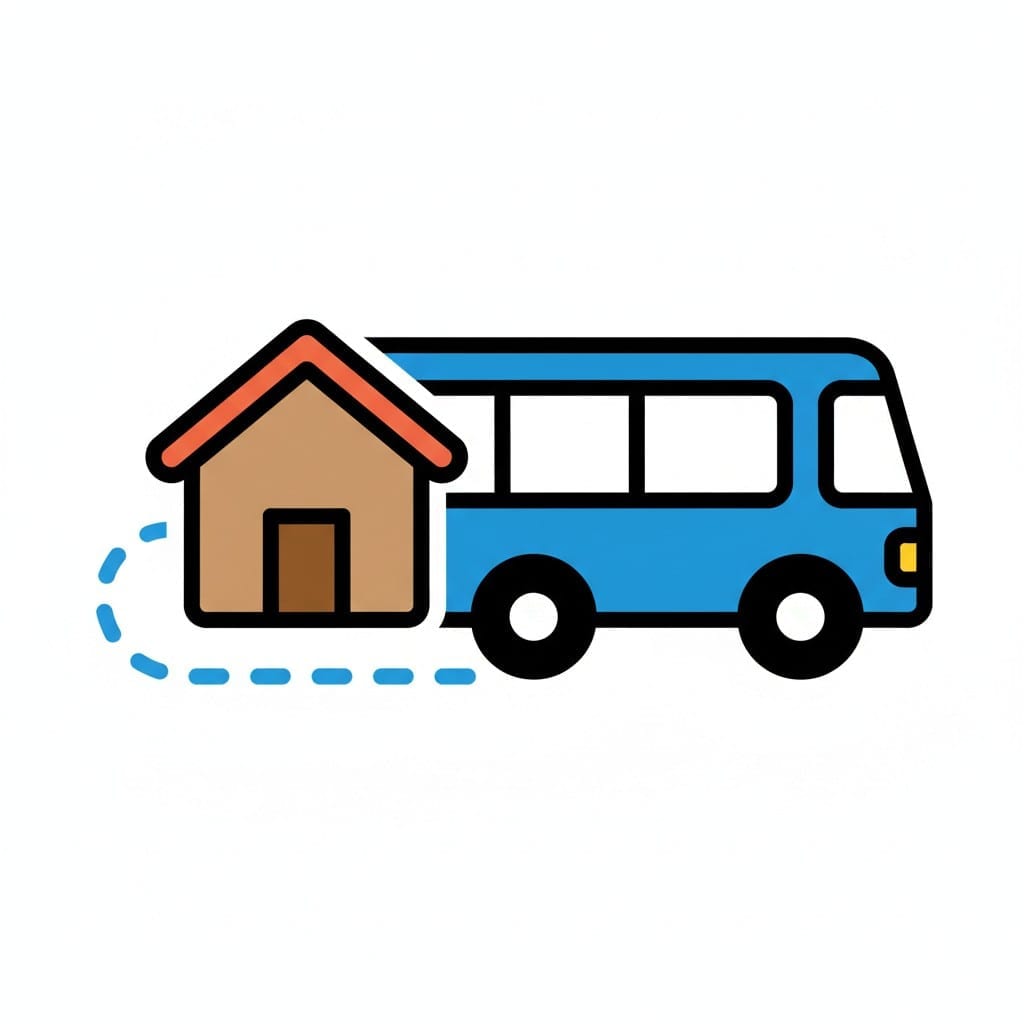 Een blauwe bus rijdt naar een huis, als beeld voor de reis naar huis.