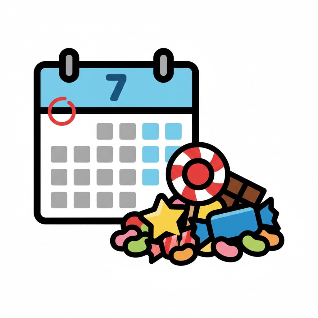 A calendar showing the seventh day marked with a red circle, next to a pile of candy.