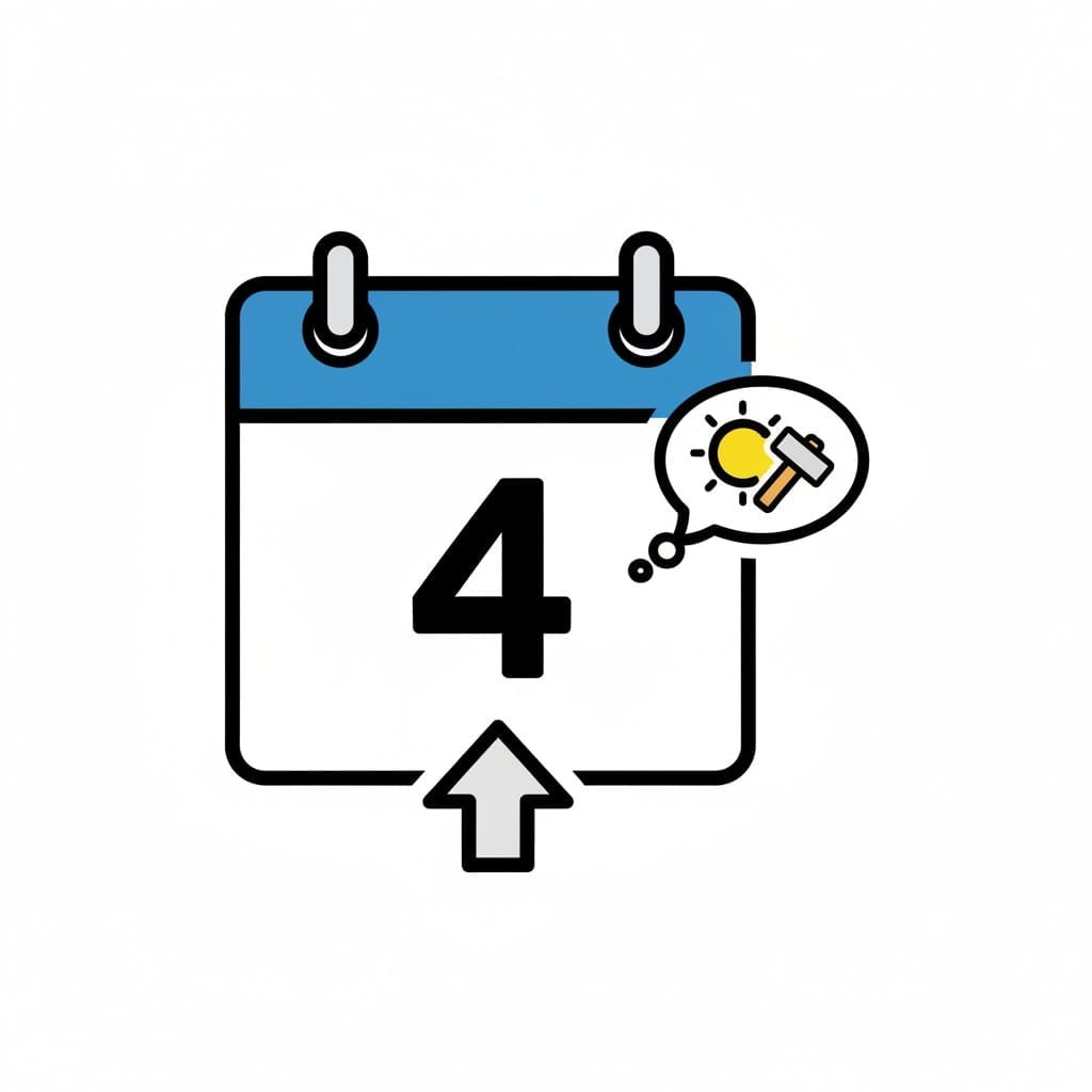Een kalender met het cijfer 4 met een gedachtewolk met een gloeilamp en een hamer erin.