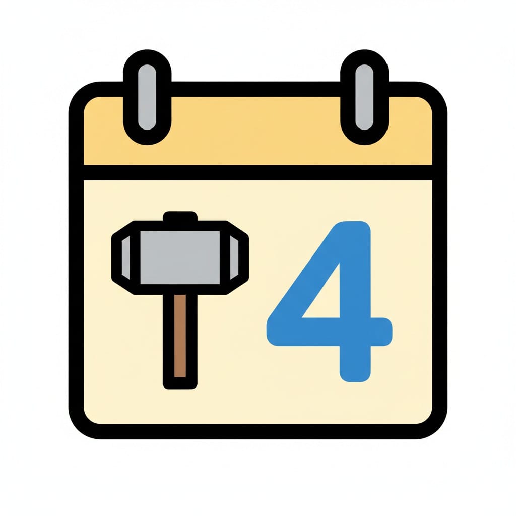Een kalender met het cijfer 4 in blauw naast een hamer.