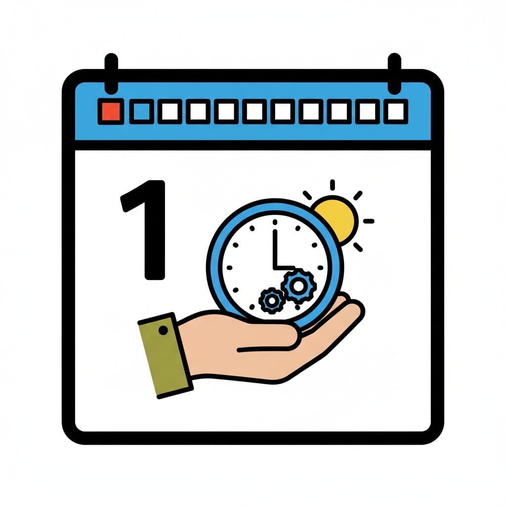 En kalender med siffran 1 och en hand som håller en klocka med en sol intill.