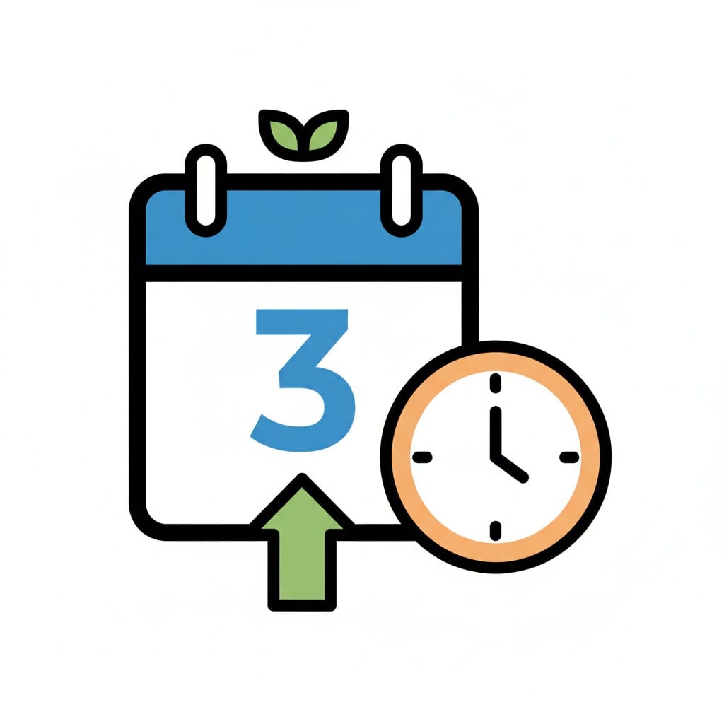 Een kalender met een blauw cijfer drie, een klein groen kiemplantje erboven en een groene pijl eronder, naast een klok met een oranje rand.
