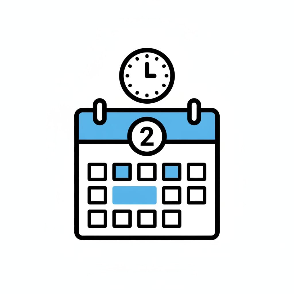 A calendar showing the number 2 with a clock above it.