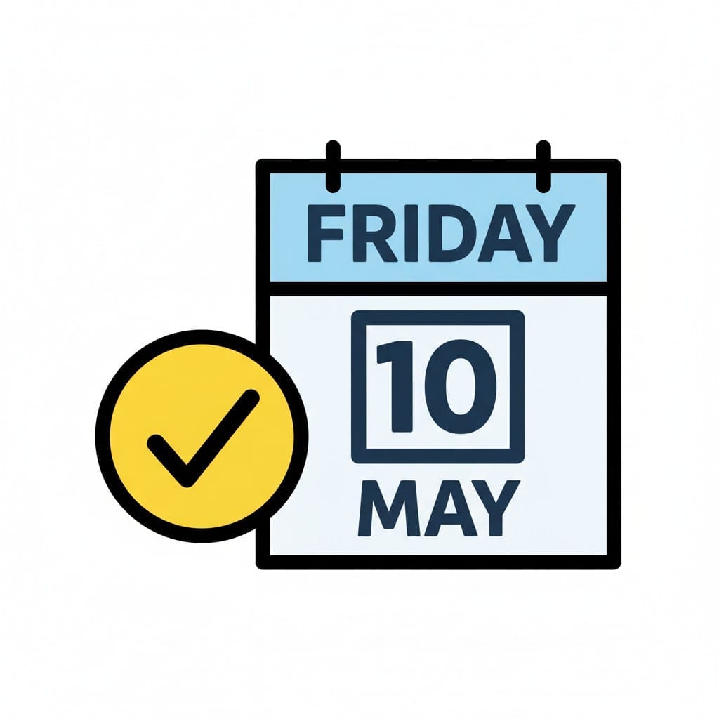 Een kalenderblad met vrijdag 10 mei en een geel vinkje.