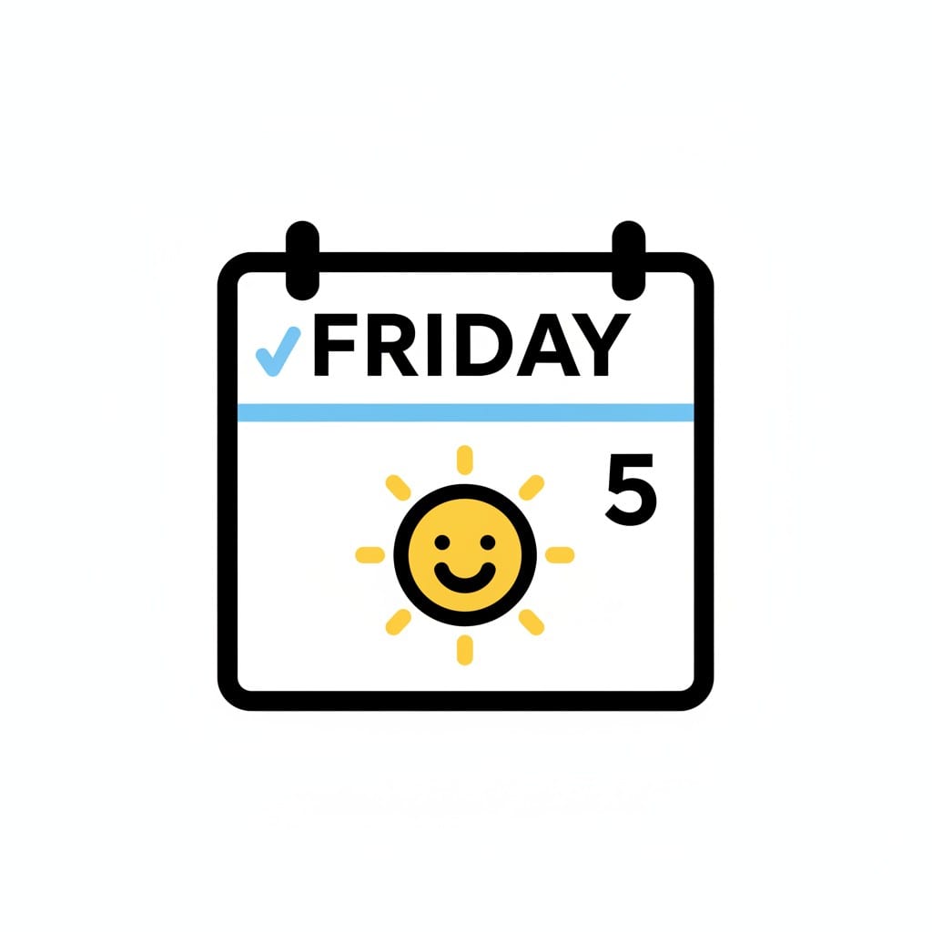 Een kalenderpictogram met het woord VRIJDAG, een vinkje, een lachende zon en het cijfer 5.