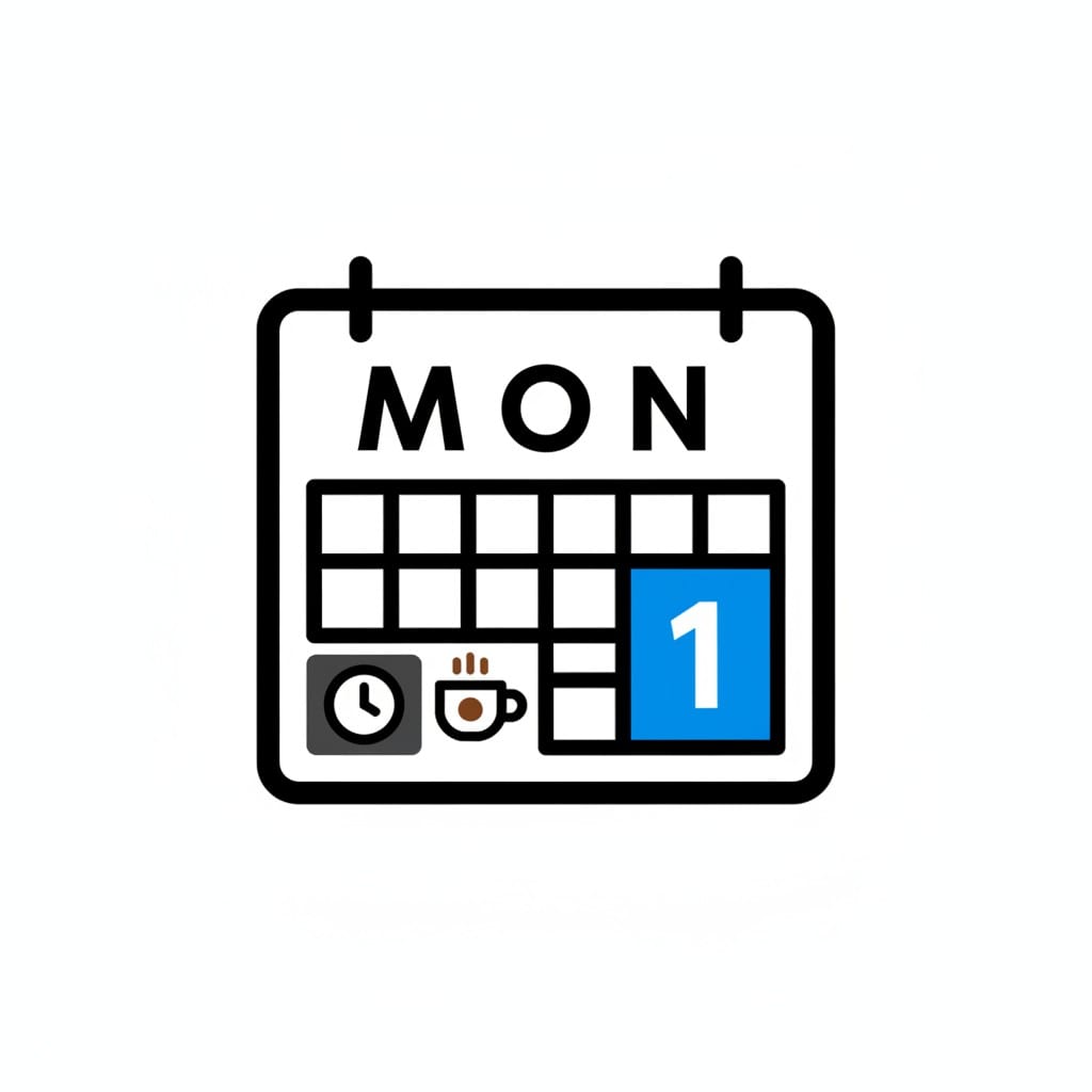 En kalender med texten MON och dag 1 markerad, samt en klocka och en kaffekopp.
