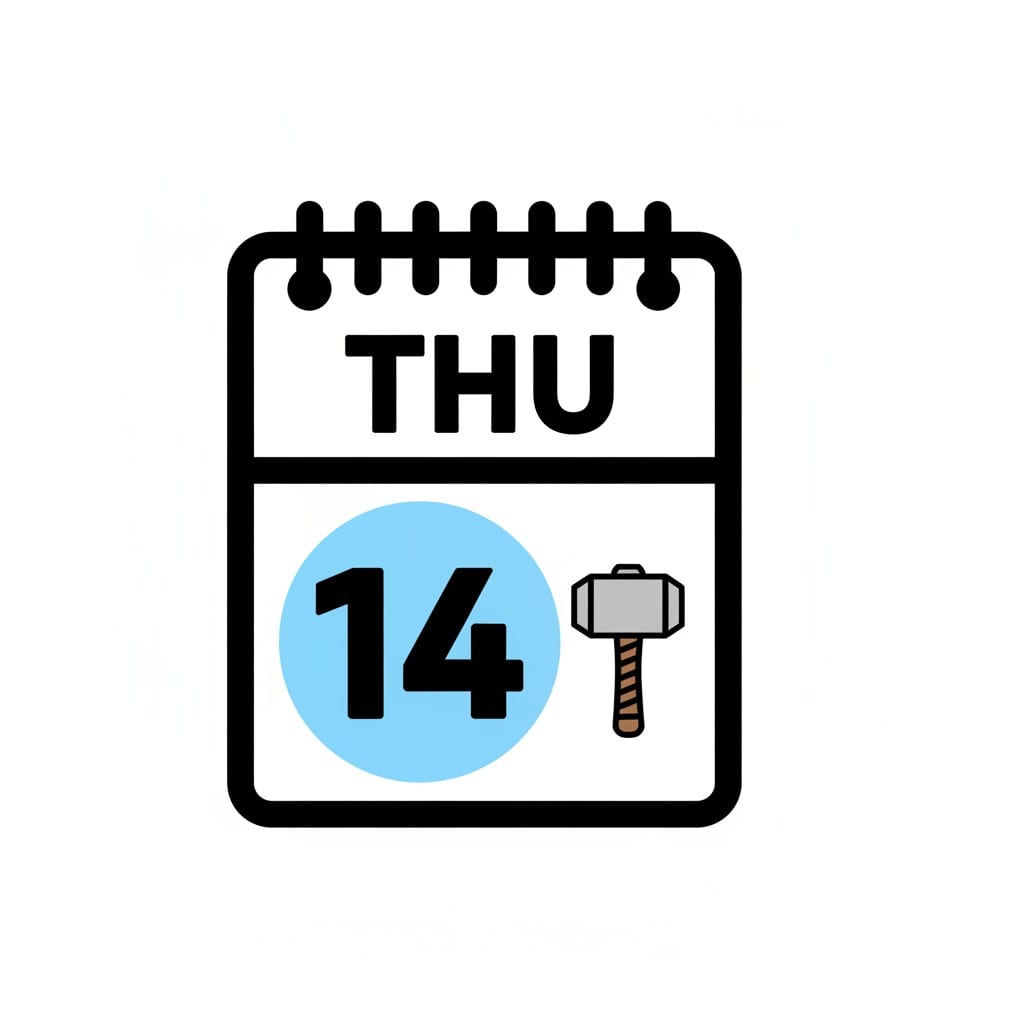 Een kalender met de tekst THU en het cijfer 14 in een blauwe cirkel naast een hamer.