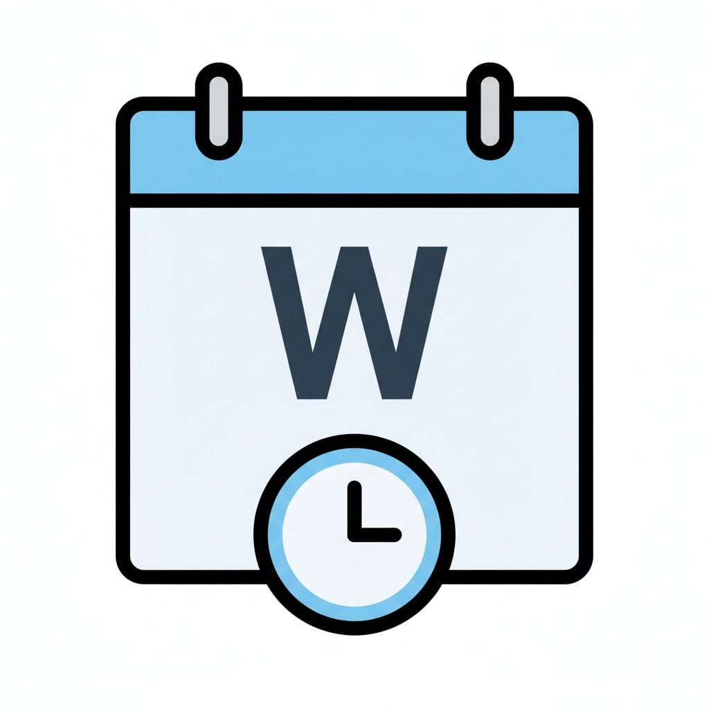 Een kalender met een grote donkerblauwe letter W met een kleine klok aan de onderrand.