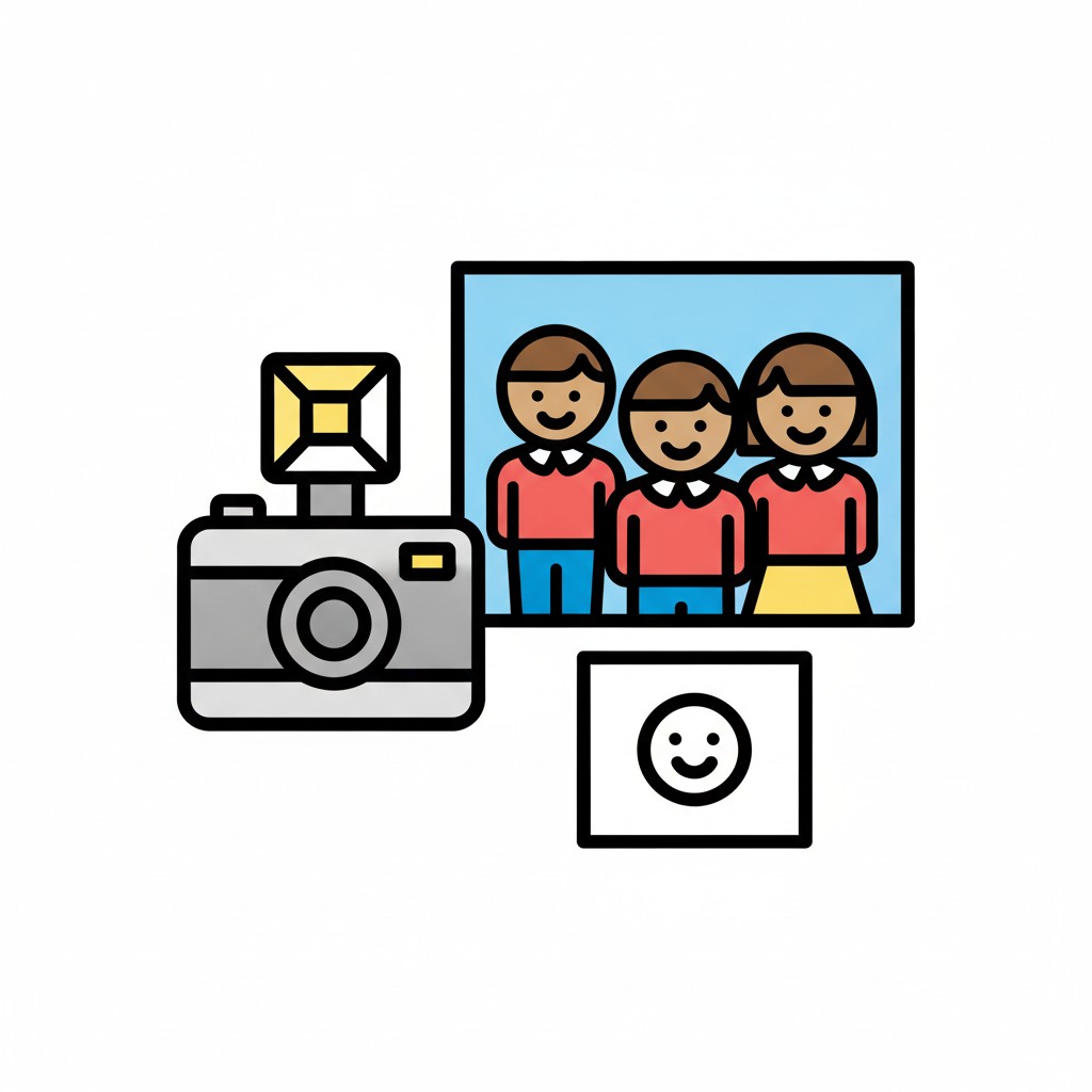 A camera with a flash in front of a group photo of three children.