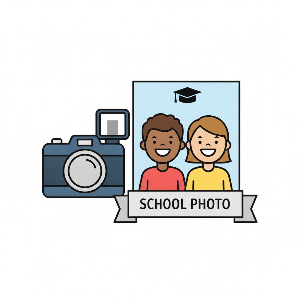 A camera in front of a photo of two children with a school photo sign below.