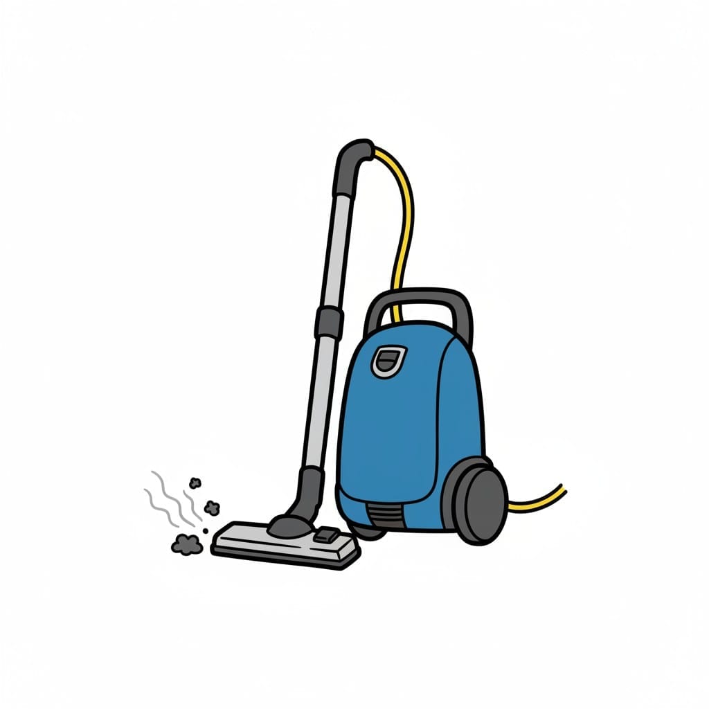 Een tekening van een blauwe sledestofzuiger met wieltjes en een gele slang, die vuil en gruis opzuigt.