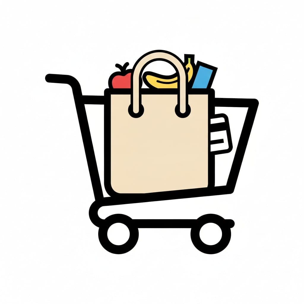 Een in lijnen getekende winkelwagen met een beige papieren zak vol met een appel, een banaan en andere spullen, met een kassabon aan de zijkant.