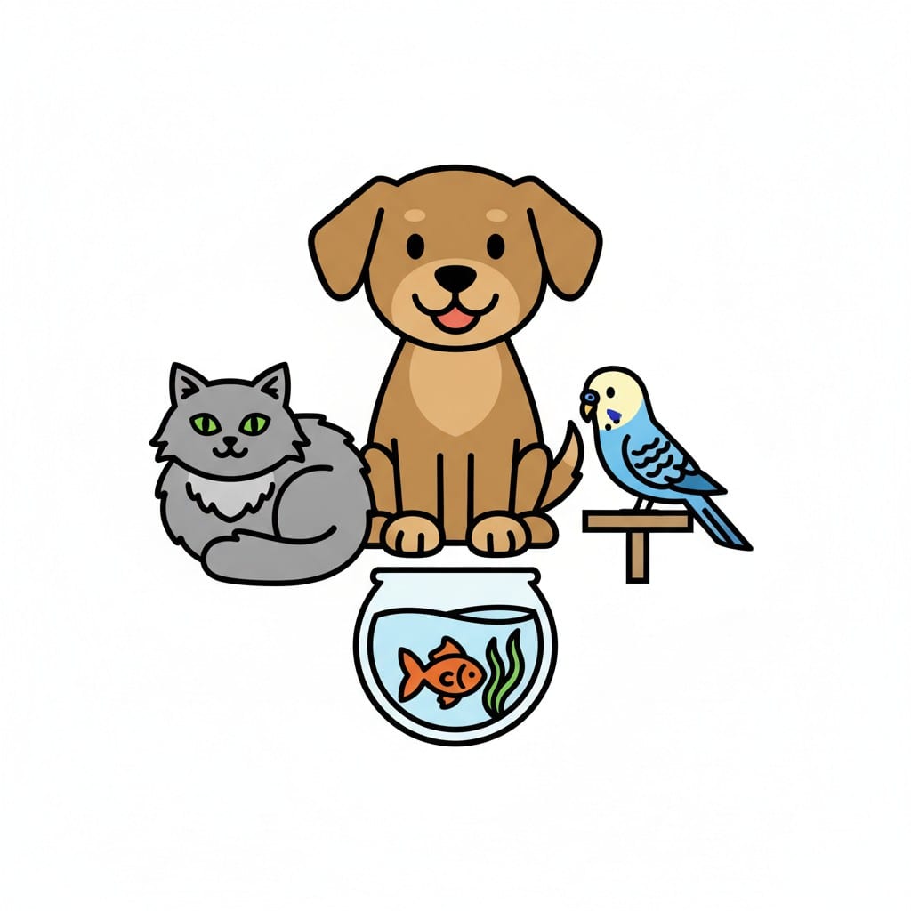 A grey cat, a dog, a budgie on a perch and a goldfish in a bowl.