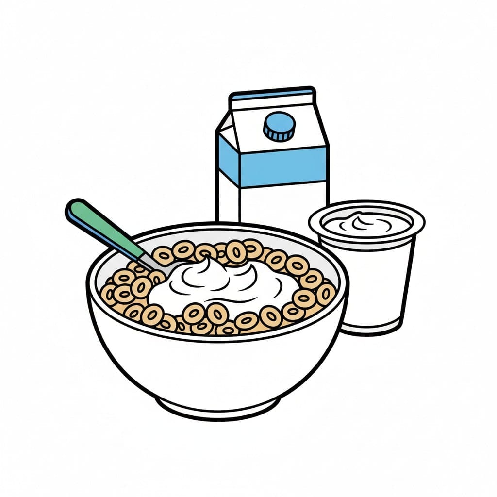 Een kom ontbijtgranen met yoghurt, een lepel, een pak melk en een klein bakje yoghurt ernaast.