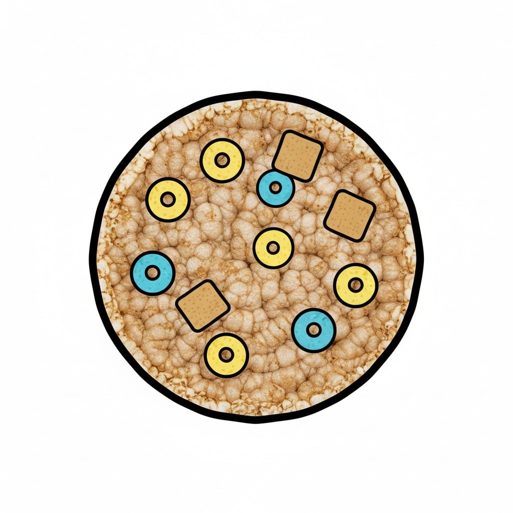 Een ronde rijstwafel belegd met gele ringvormige en lichtblauwe vierkante ontbijtgranen.