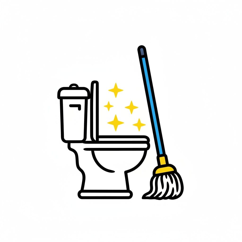 Een glanzend schone wc naast een dweil.