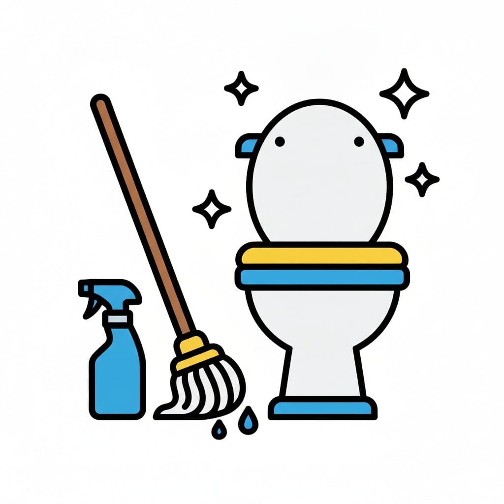 Een schone wc met een dweil en een sprayfles ernaast en glinsteringen eromheen.