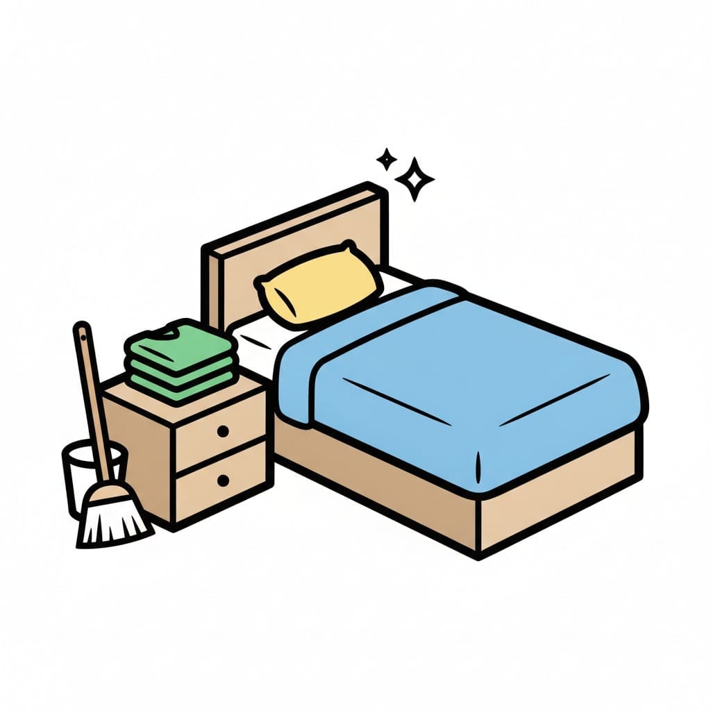 Een opgeruimde slaapkamer met een opgemaakt bed, opgevouwen kleren op het nachtkastje en een bezem ernaast.