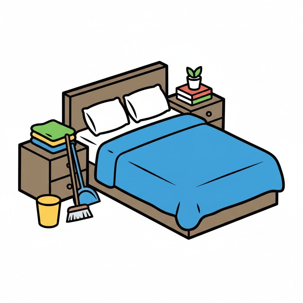 Een opgeruimde slaapkamer met een opgemaakt bed, een nachtkastje en een bezem en emmer ernaast.