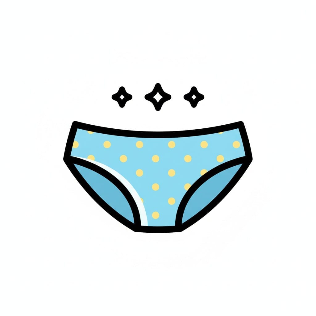 Een tekening van een schone lichtblauwe onderbroek met gele stippen en drie sterretjes erboven.