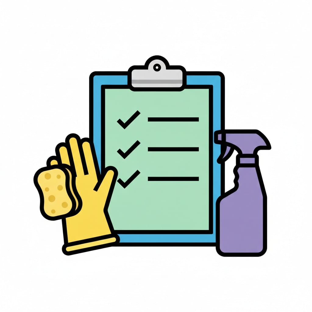 En checklista med handskar, svamp och sprayflaska.