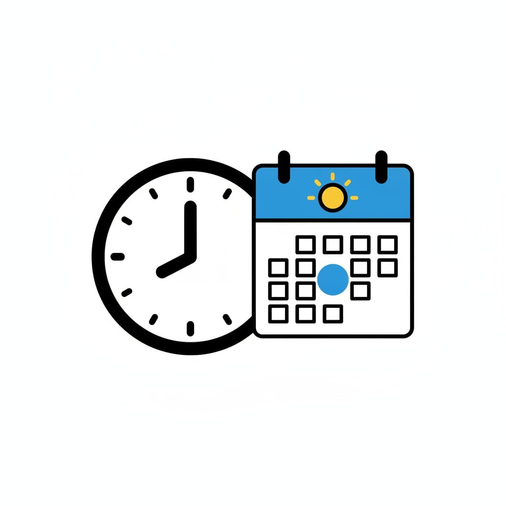 Naast een wandklok staat een kalender met een gele zon waarop één dag in het rooster met een blauwe cirkel is gemarkeerd.