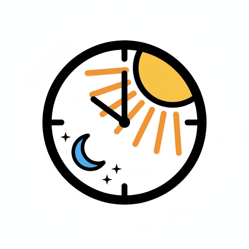 Een wijzerplaat met rechts zonnestralen voor de dag en links een maansikkel met sterren voor de nacht. De wijzers staan op de middag.
