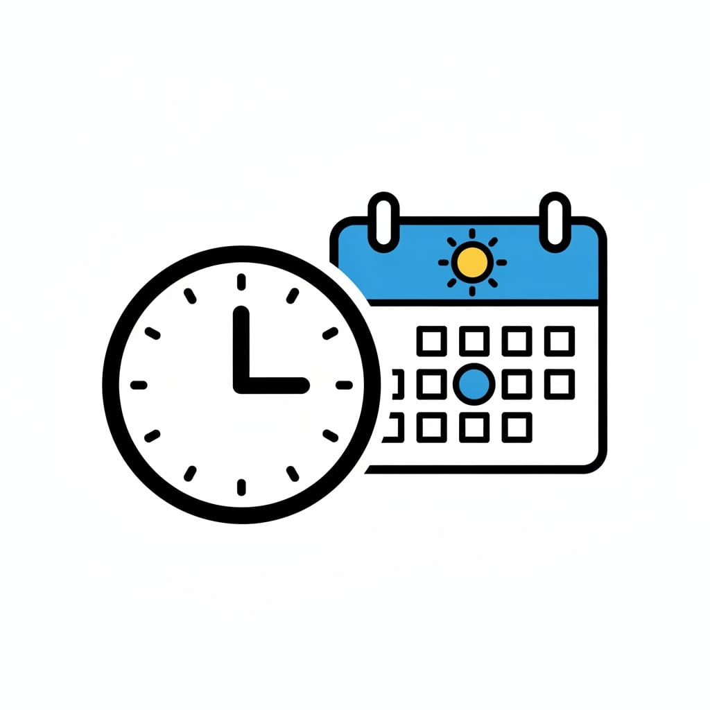 Een ronde klok staat voor een kalender met een zon in de kop, waarop een dag midden in de week met een blauwe stip is gemarkeerd.