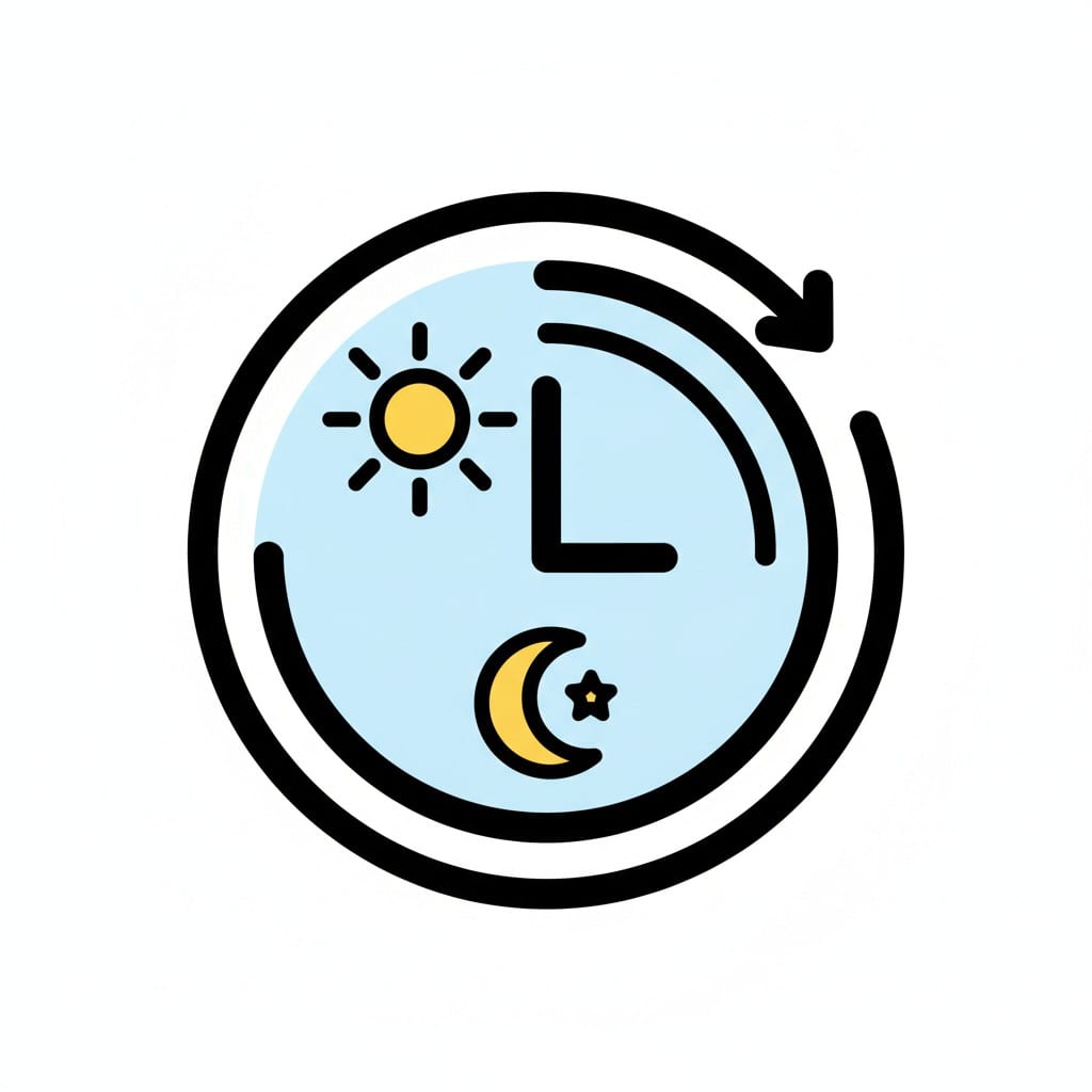 Eine Uhr mit Sonne und Mond und einem Pfeil drumherum.