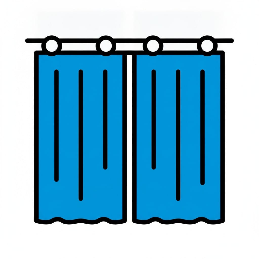 Twee blauwe gordijnpanelen hangen dicht aan een roede met ringen.