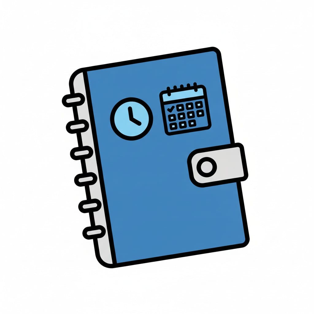 Een gesloten blauwe agenda met een klok en een kalender op de kaft.