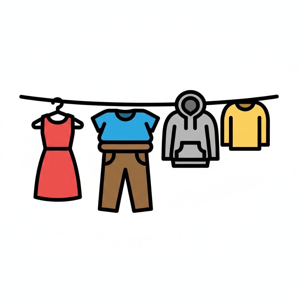 Verschillende kledingstukken zoals een jurk, een broek, een T-shirt, een hoodie en een trui aan een waslijn.