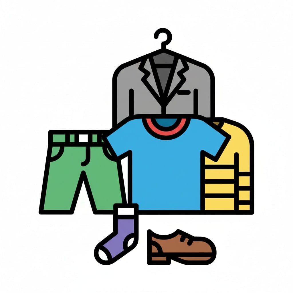 Een verzameling kleren met een jas, een T-shirt, een broek, een sok en een schoen, netjes gerangschikt.