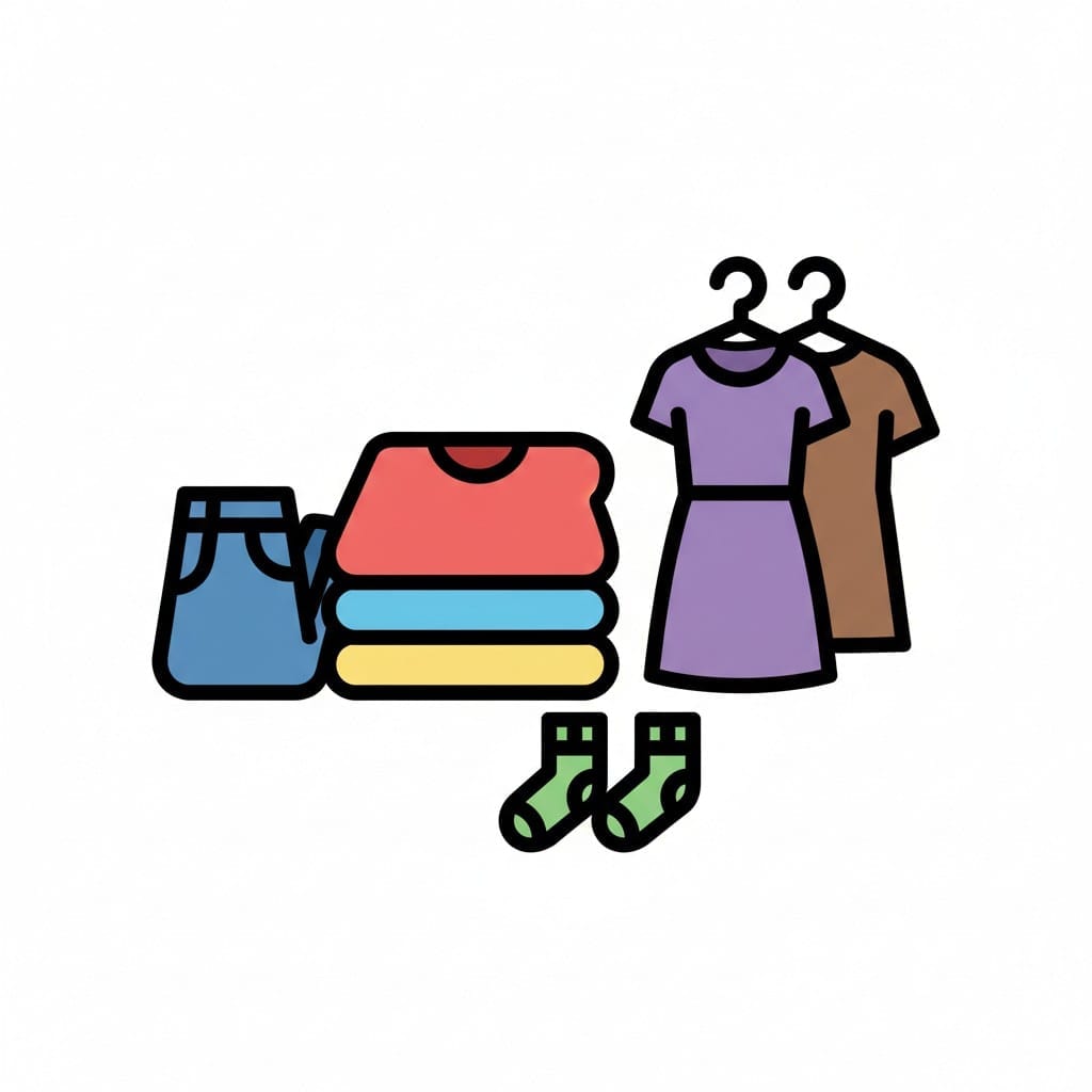 Een tekening van verschillende kledingstukken zoals een spijkerbroek, opgevouwen shirts, een jurk, een T-shirt op hangertjes en een paar sokken.