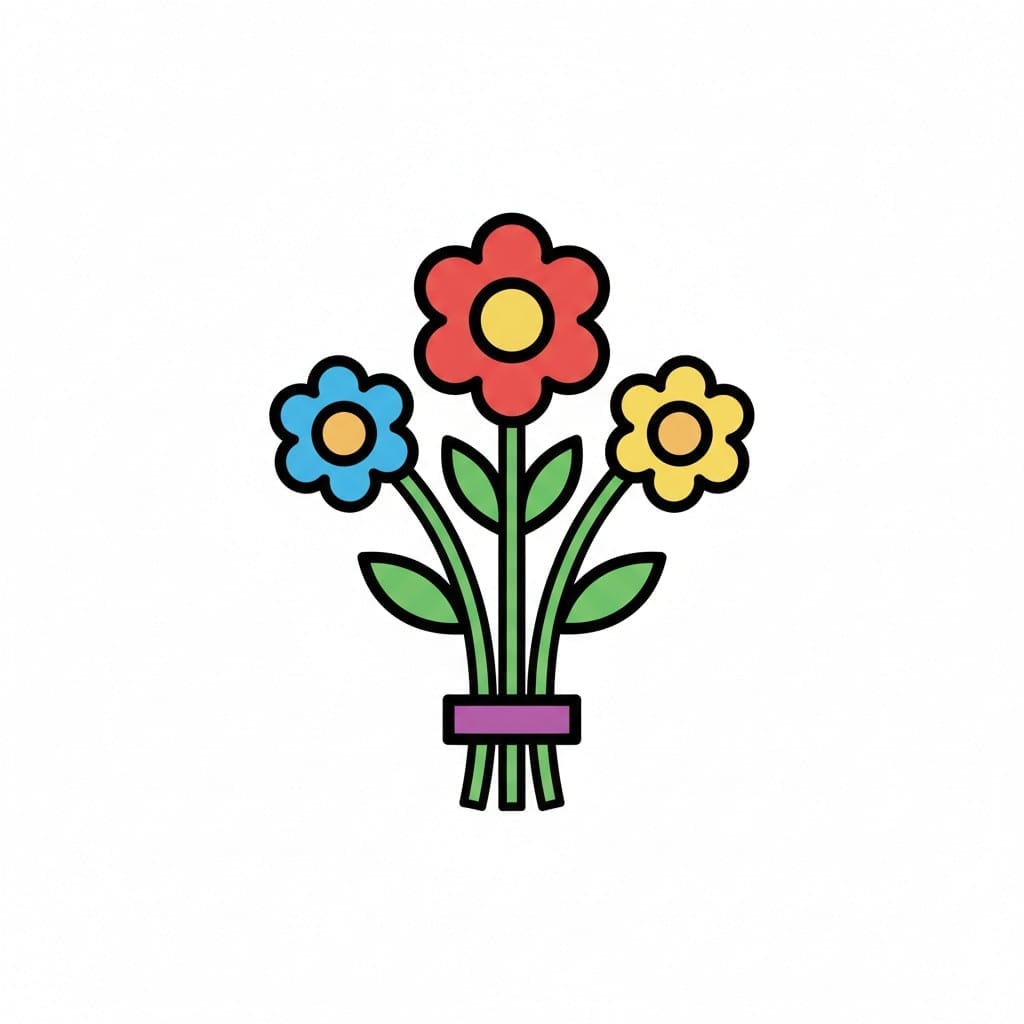 Een boeket met rode, blauwe en gele bloemen, vastgebonden met een paars lint.