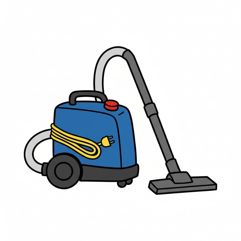 Een compacte blauwe sledestofzuiger met een rode aan-uitknop, een grijze slang, een mondstuk en een geel opgerold snoer.