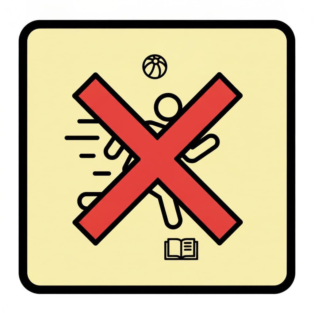 Een doorgestreept symbool met een rode X over een spelend figuurtje, wat aangeeft dat de activiteit niet is toegestaan.