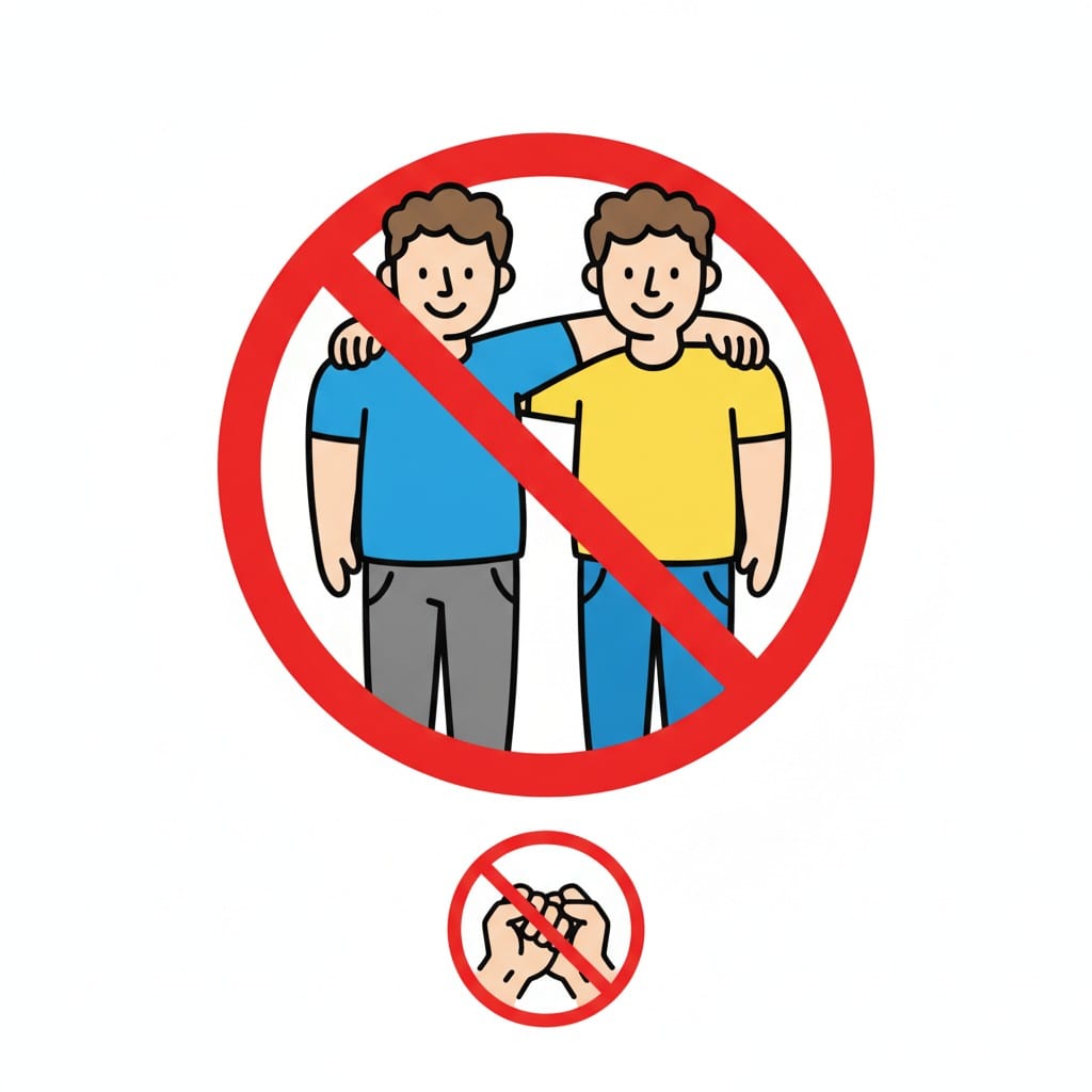 A red prohibition circle with a diagonal line over two people standing with arms around each other, and a smaller prohibition circle with two fists below.