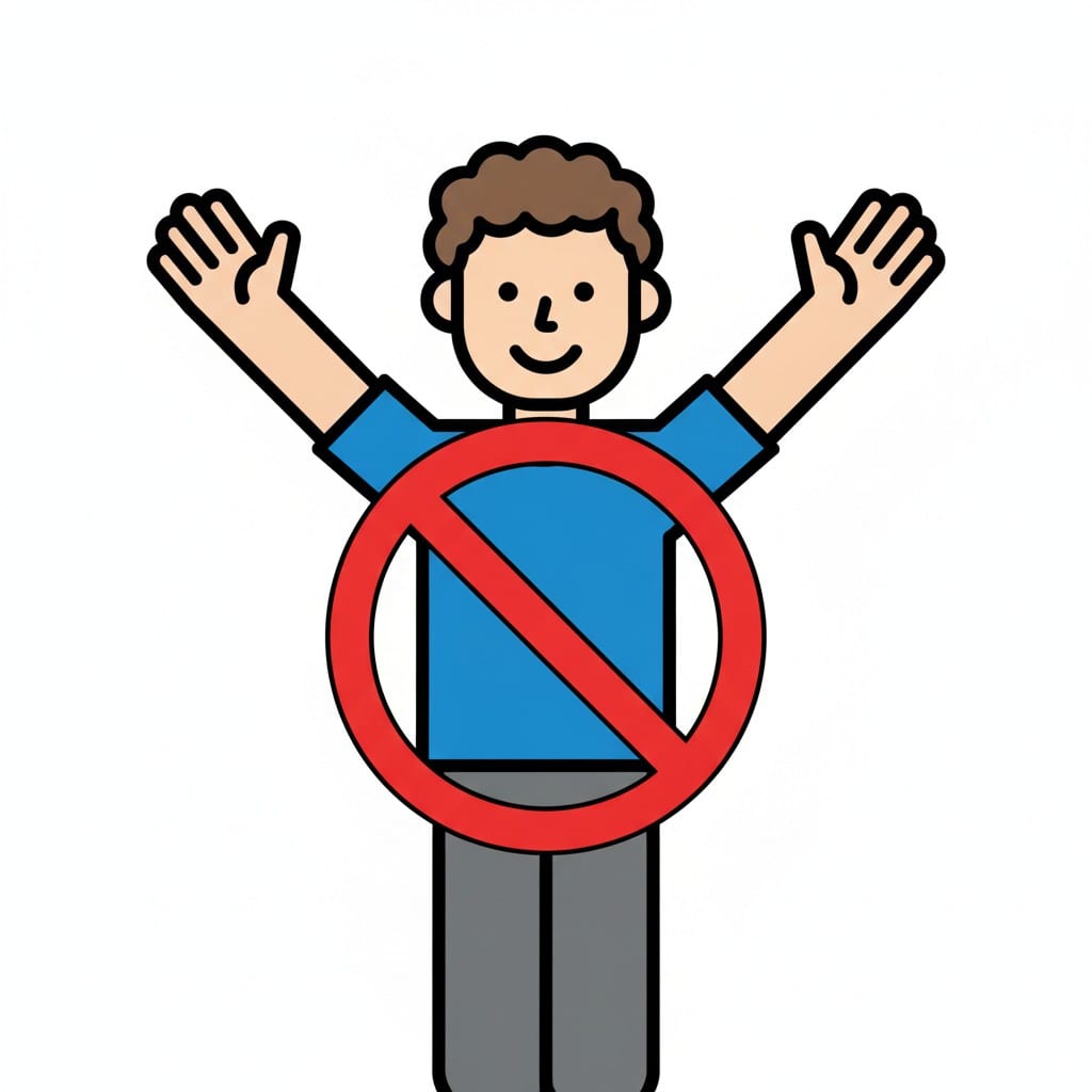 A person in a blue top stands with both arms raised behind a red prohibition circle with a diagonal line.