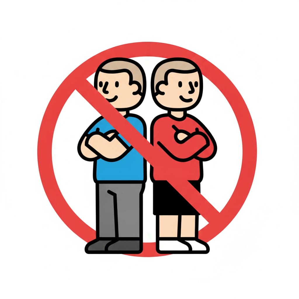 Two people in blue and red tops stand close together with folded arms behind a red prohibition circle with a diagonal line.