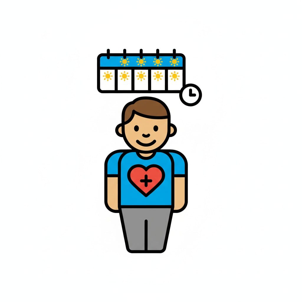 Een gestileerde persoon met een blauw hart op het shirt. Boven het hoofd hangt een kalenderstrook met zeven dagen, elk met een zon. Naast de kalender staat een klein klokje dat een dagindeling aangeeft.