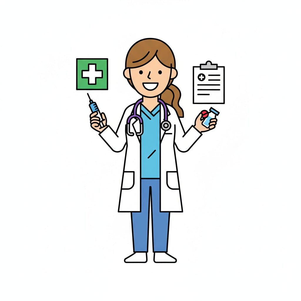 Eine Ärztin im weißen Kittel hält eine Spritze und Medizin, daneben ein Kreuz und ein Krankenblatt.