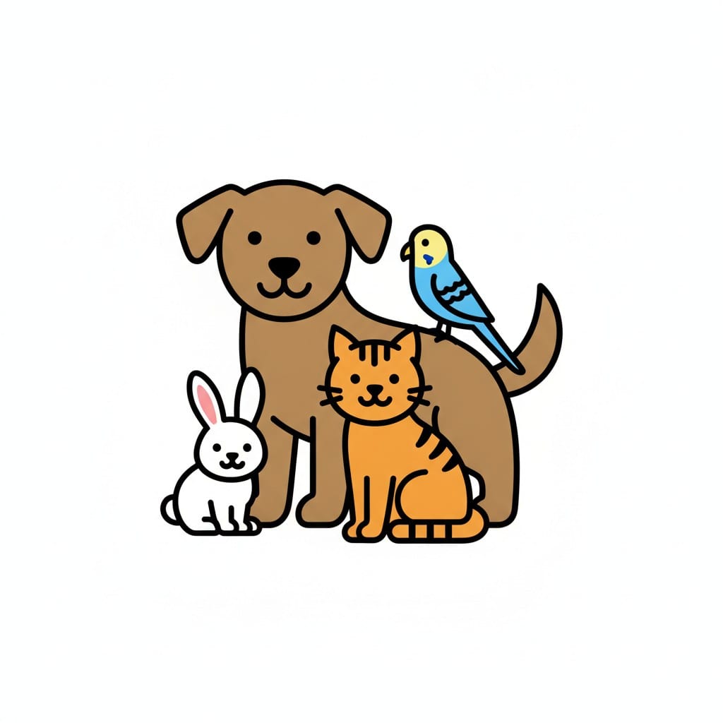 A dog, a cat, a rabbit and a budgie together.